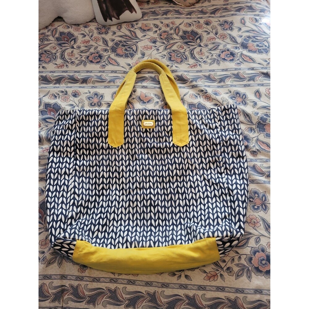 Anne & Lulu Blue White Leaf Print Yellow Tote Bag
